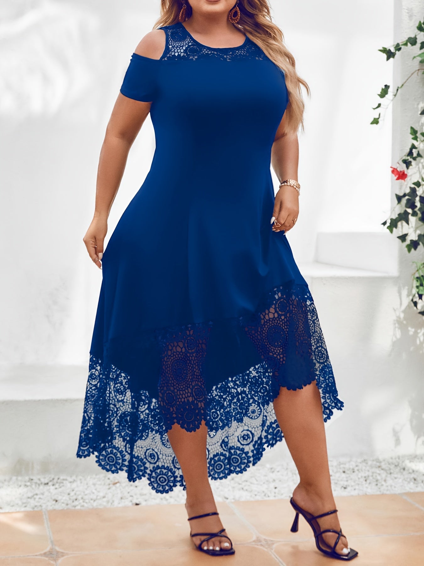 Chic Plus Size Womens Casual Dress - Fashionable Solid Color with Contrast Lace Trim, Cold Shoulder Design, Asymmetrical Hem, Medium Stretch for Flattering Comfort