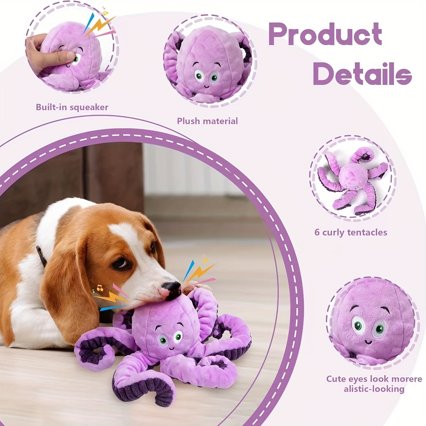 Interactive Plush Octopus Dog Toy with Squeaker - Durable Squeaky Pet Chew Toy for Anxiety Relief and Teeth Cleaning - Suitable for All Dog Breeds - Non-Battery Operated - Kerala Elegance