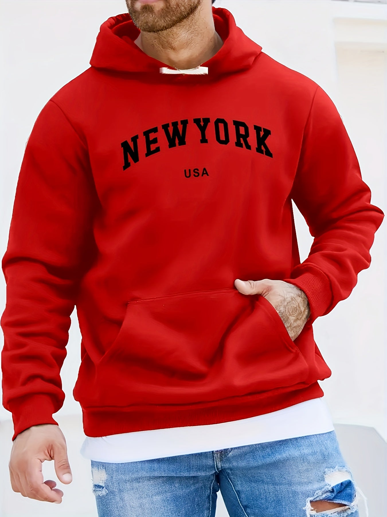 Mens New York Skyline Print Hoodie - Kangaroo Pocket, Long Sleeve, Durable & Warm - Casual Fall Winter Sweatshirt for All-Season Style