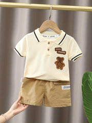 Little Boys Casual Suit - Cute Bear & Letter Embroidered Shirt Top + Shorts