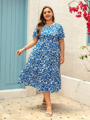 Plus Size Floral Print Cinched Waist Dress, Casual Short Sleeve Ruffle Hem Dress For Spring & Summer, Women's Plus Size Clothing