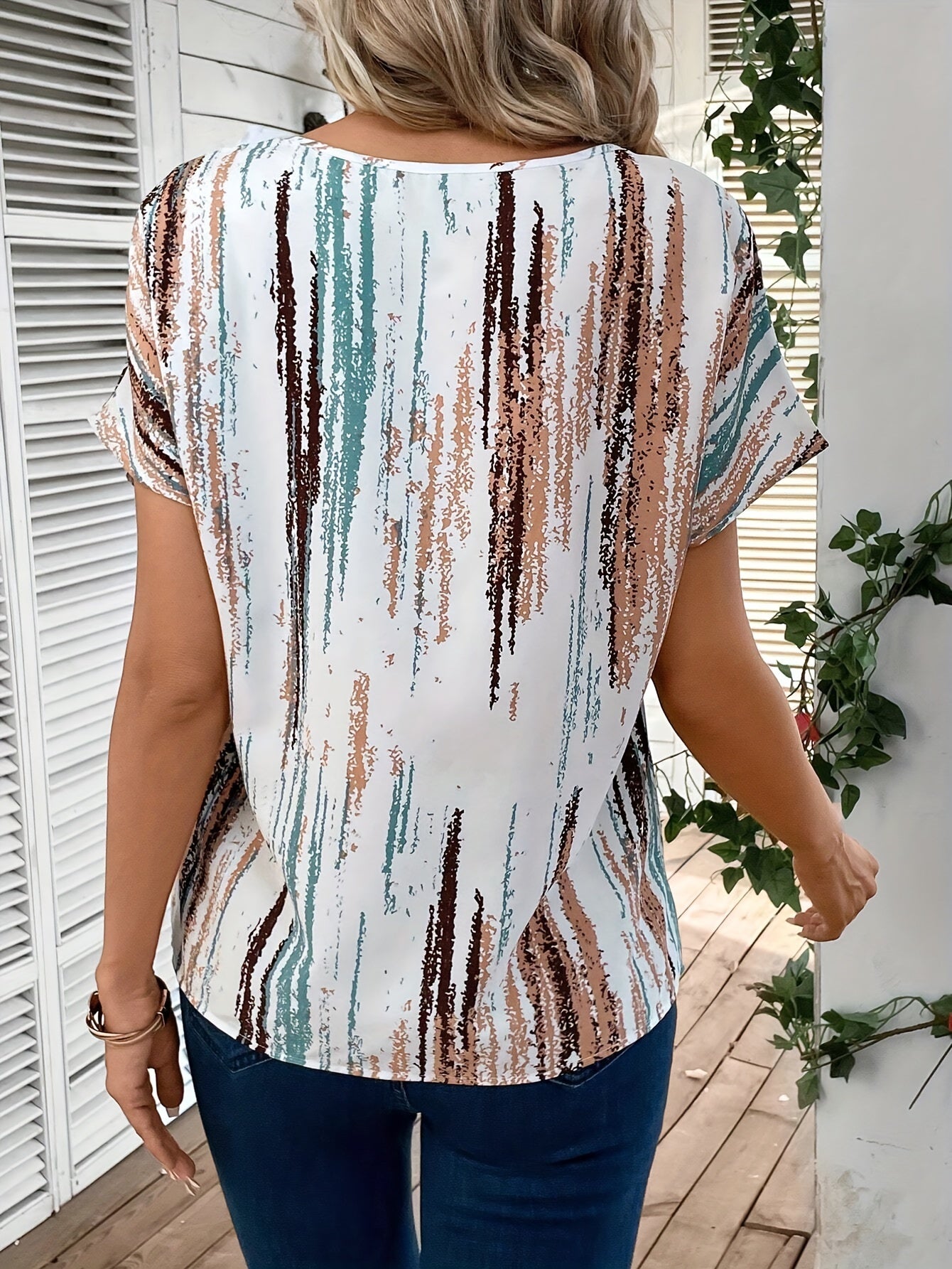 Abstract Print Keyhole Crew Neck Blouse, Casual Short Sleeve Blouse For Spring & Summer, Women's Clothing