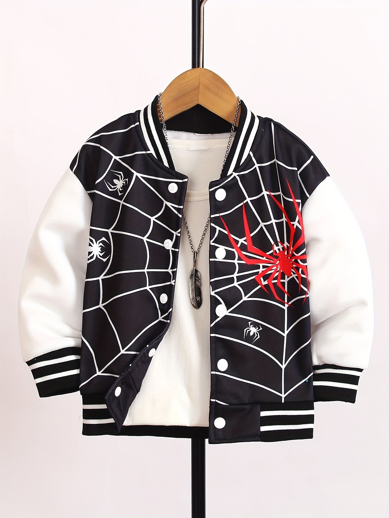 Boys Cool Spider Web Print Long Sleeve Color Block Drop Shoulder Varsity Baseball Jacket Coat