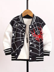 Boys Cool Spider Web Print Long Sleeve Color Block Drop Shoulder Varsity Baseball Jacket Coat