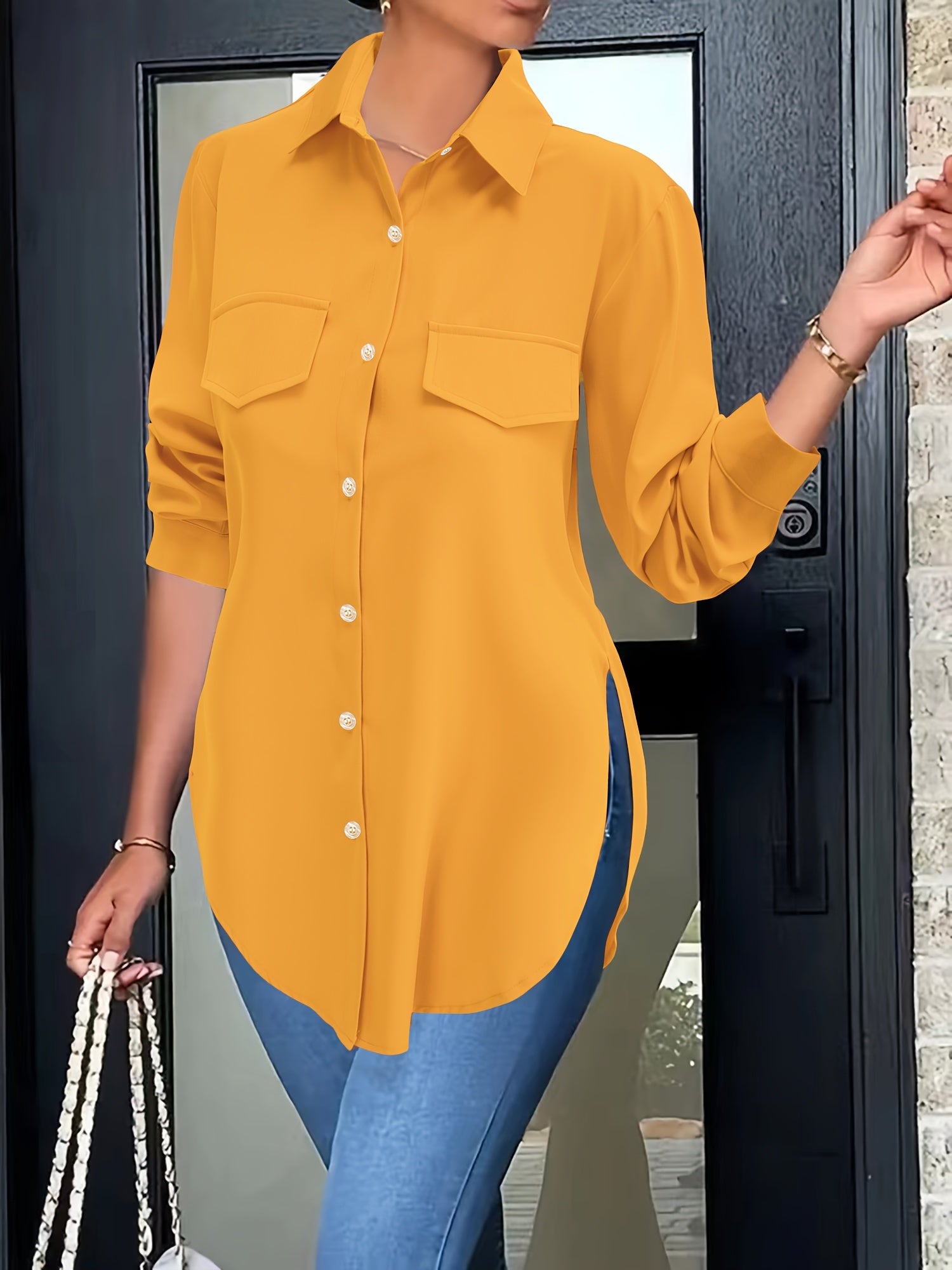 Solid Button Front Simple Shirt, Versatile Shirt For Spring & Fall, Women's Clothing