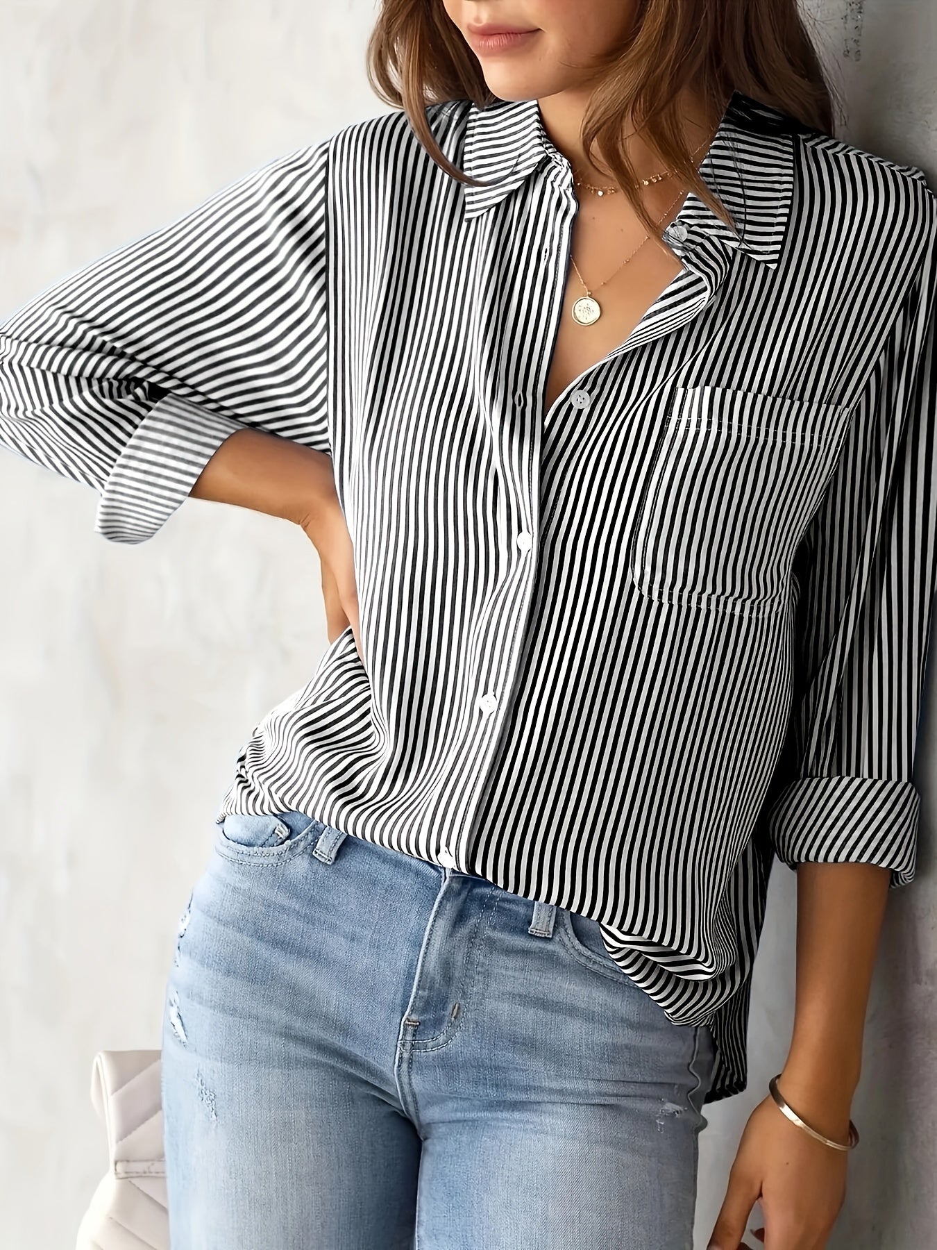 Striped Print Button Front Shirt, Casual Long Sleeve Shirt With Pocket, Women's Clothing