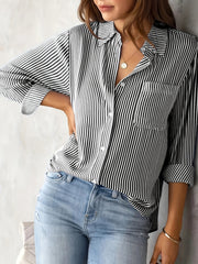 Striped Print Button Front Shirt, Casual Long Sleeve Shirt With Pocket, Women's Clothing