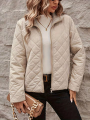 Zip Up Quilted Warm Coat, Versatile Solid Color Long Sleeve Coat For Fall & Winter, Women's Clothing