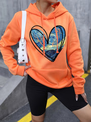 Heart Print Kangaroo Pocket Hoodie, Casual Long Sleeve Drawstring Hoodie Sweatshirt, Women's Clothing