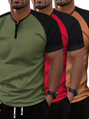 3-Piece Mens Color Block Henley T-Shirt Set - Short Sleeve, Moisture-Wicking, Ideal for Summer Running & Training - Stylish Round Neck Design for Outdoor Adventures