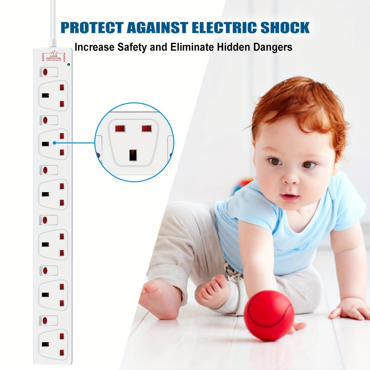 6 Way Extension Leads With Surge Protection, Wall Mounted Power Strips With Individual Switches 13A UK Plug (1M, White)