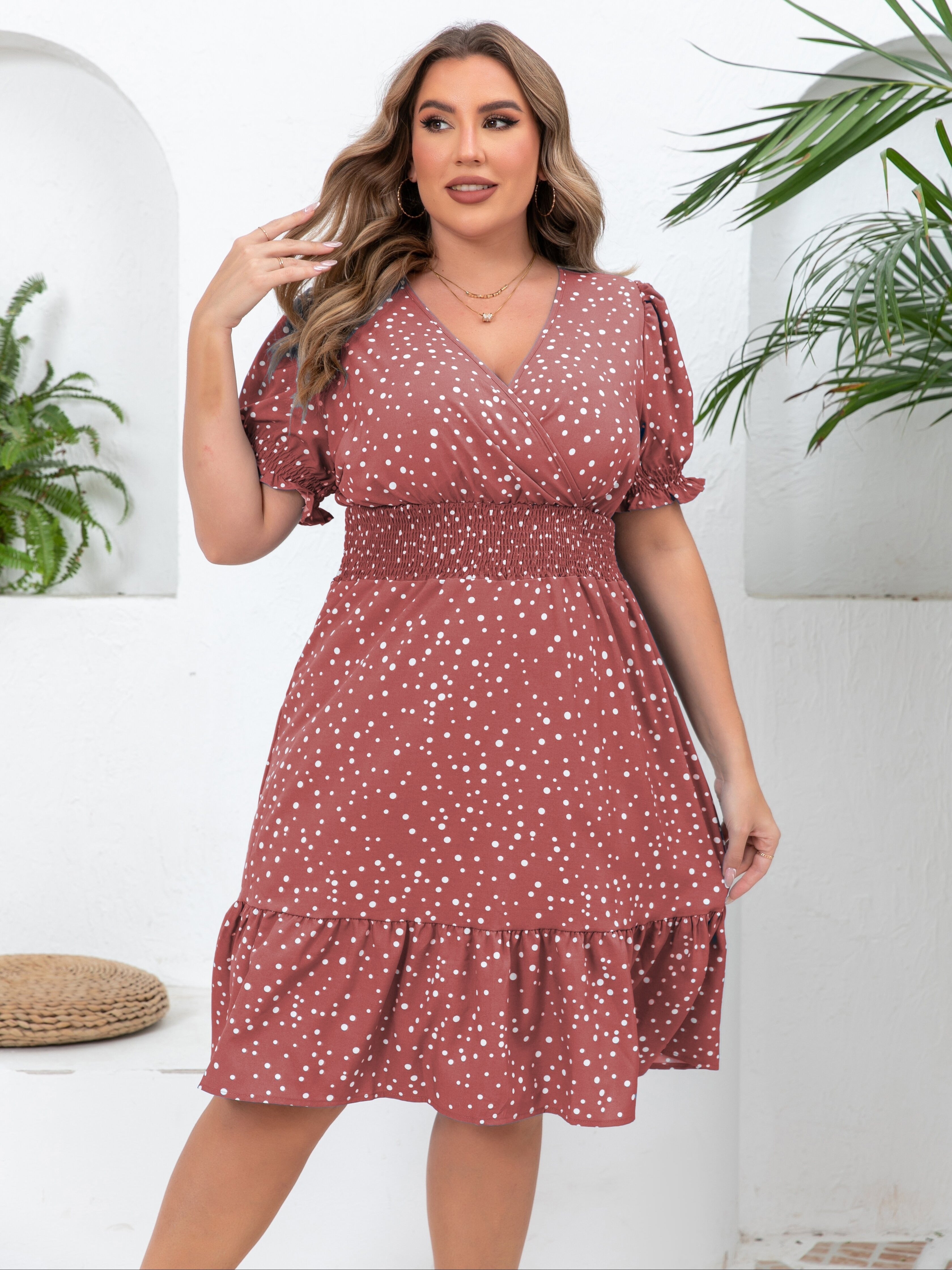 Plus Size Polka Dot Charm - Flattering Shirred Waist Dress with Ruffle Hem - Short Sleeve Surplice Neck for Spring & Summer Elegance - Womens Plus Size Fashion