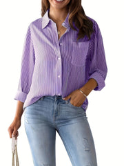 Striped Print Button Front Shirt, Casual Long Sleeve Shirt With Pocket, Women's Clothing