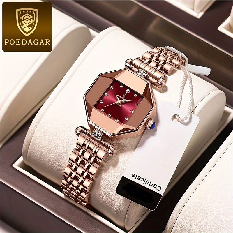 POEDAGAR Women's Luxury Dial Cutting Quartz Watch Elegant Polygon Pointer Analog Stainless Steel Wrist Watch