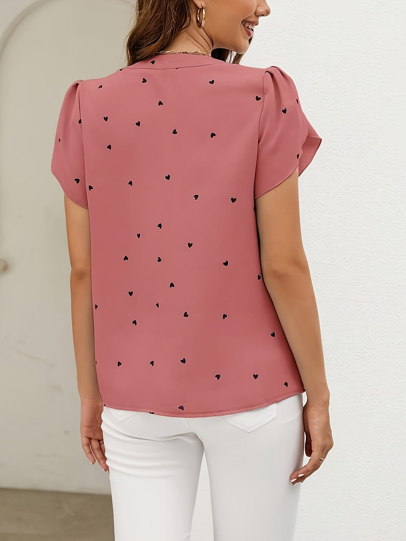 Dot Print Petal Sleeve Blouse, Elegant V-neck Short Sleeve Blouse, Women's Clothing