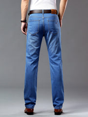 Men's Solid Denim Pants With Pockets, Formal Cotton Blend Jeans For Summer Outdoor Activities