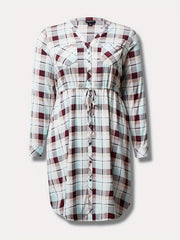 Plus Size elegant Dress, Women's Plus Plaid Print Drawstring Button Up Long Sleeve V Neck Shirt Dress