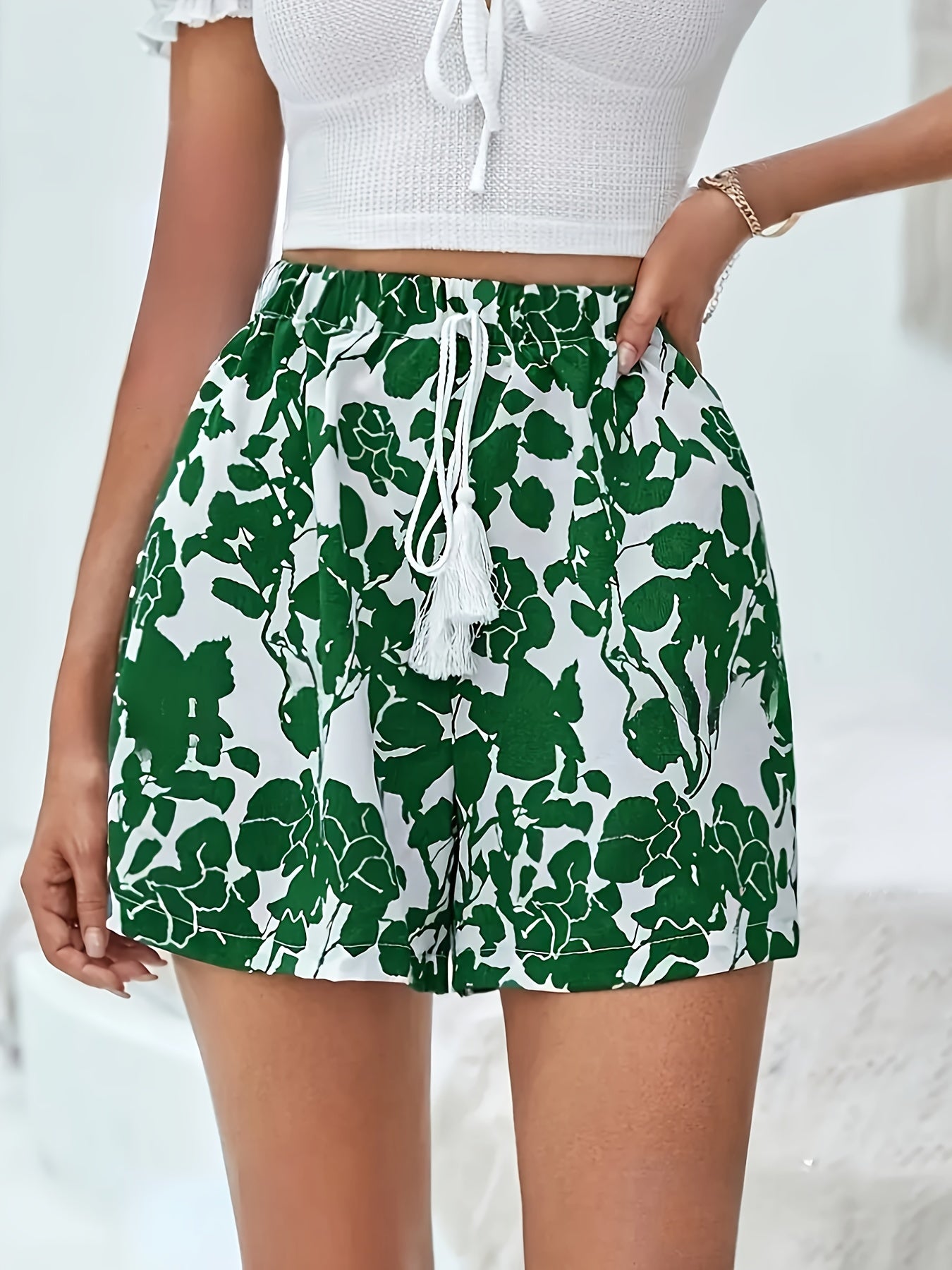 Women's Floral Print Drawstring Shorts - Casual Summer Vacation Style With Elastic Waistband & Pockets