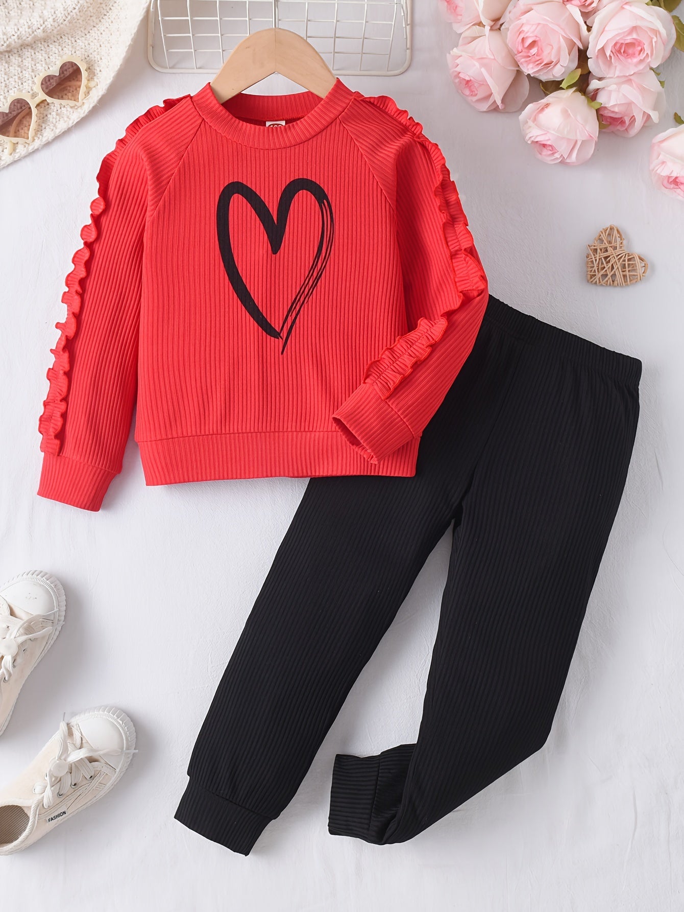 Girls 2Pcs, Chic Frilled Long Sleeve Heart Graphic Pullover Top + Pants Casual Set, Cute Girls Spring Fall Clothes