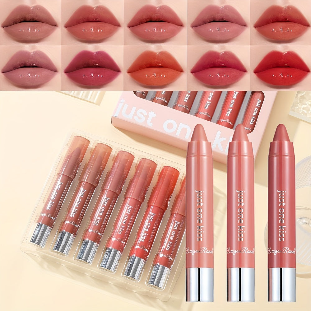 6pcs/set Glossy Lipstick Easy To Color Lipstick Pigmented Moisturizing Rotating Lip Gloss Lipstick Pen Nude Brown Red Pinkly Lipstick Lip Liner For Women's Daily Makeup