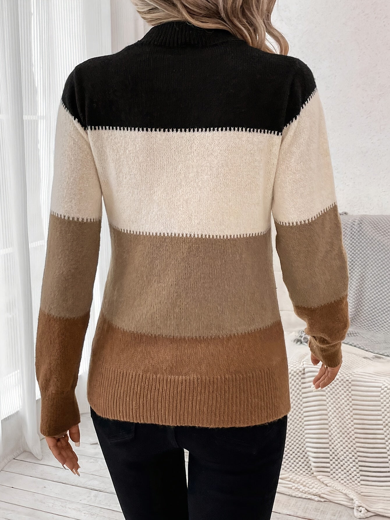 Color Block Knitted Pullover Sweater, Casual Mock Neck Long Sleeve Top For Fall & Winter, Women's Clothing