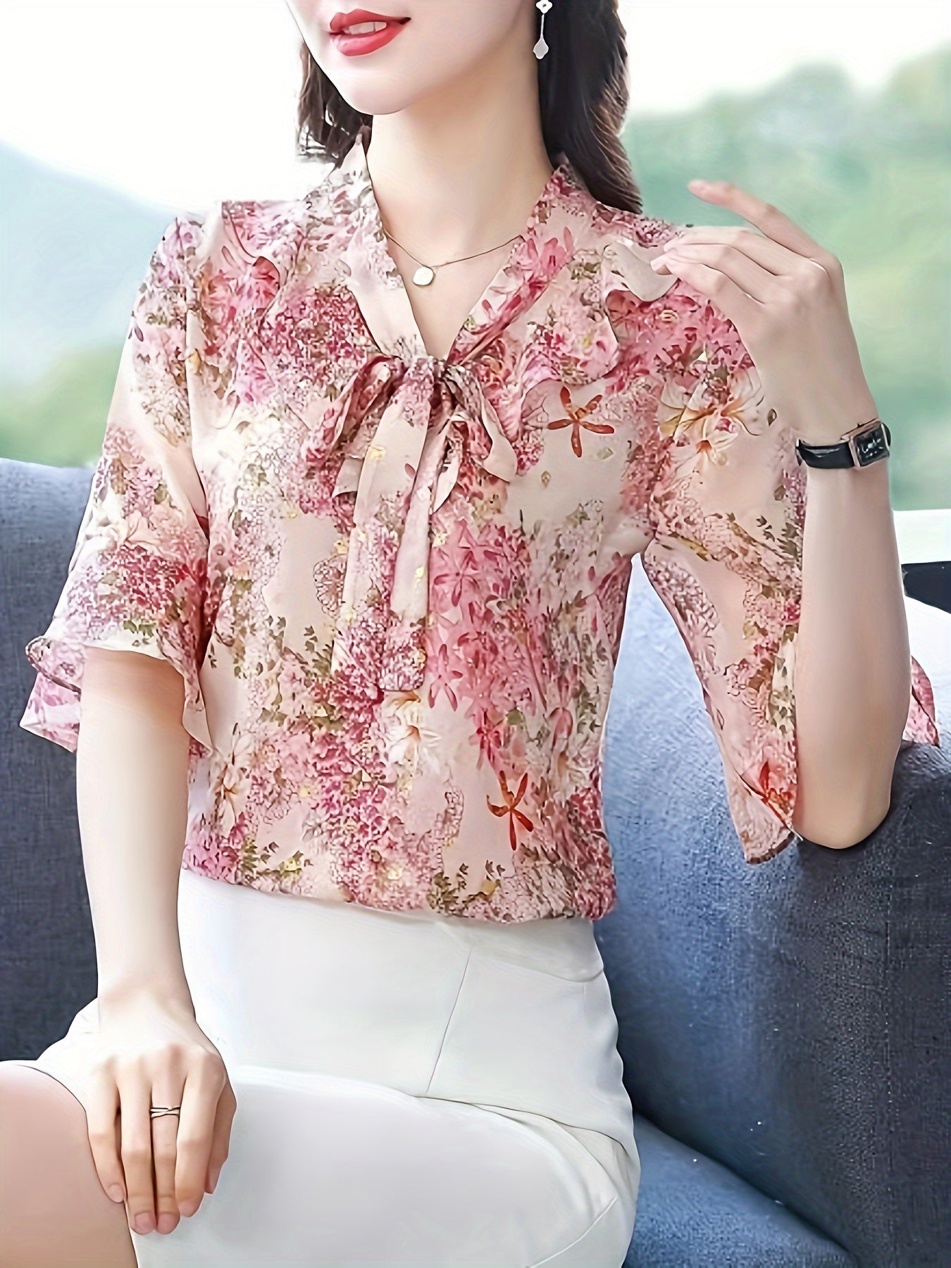 Floral Print Tie Neck Blouse, Elegant Flare Sleeve Blouse For Spring & Fall, Women's Clothing