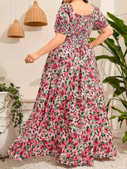 Plus Size Floral Elegance Maxi Dress - Short Sleeves, Shirred Waist, Breezy Fabric | Ideal for Spring/Summer Events & Casual Wear