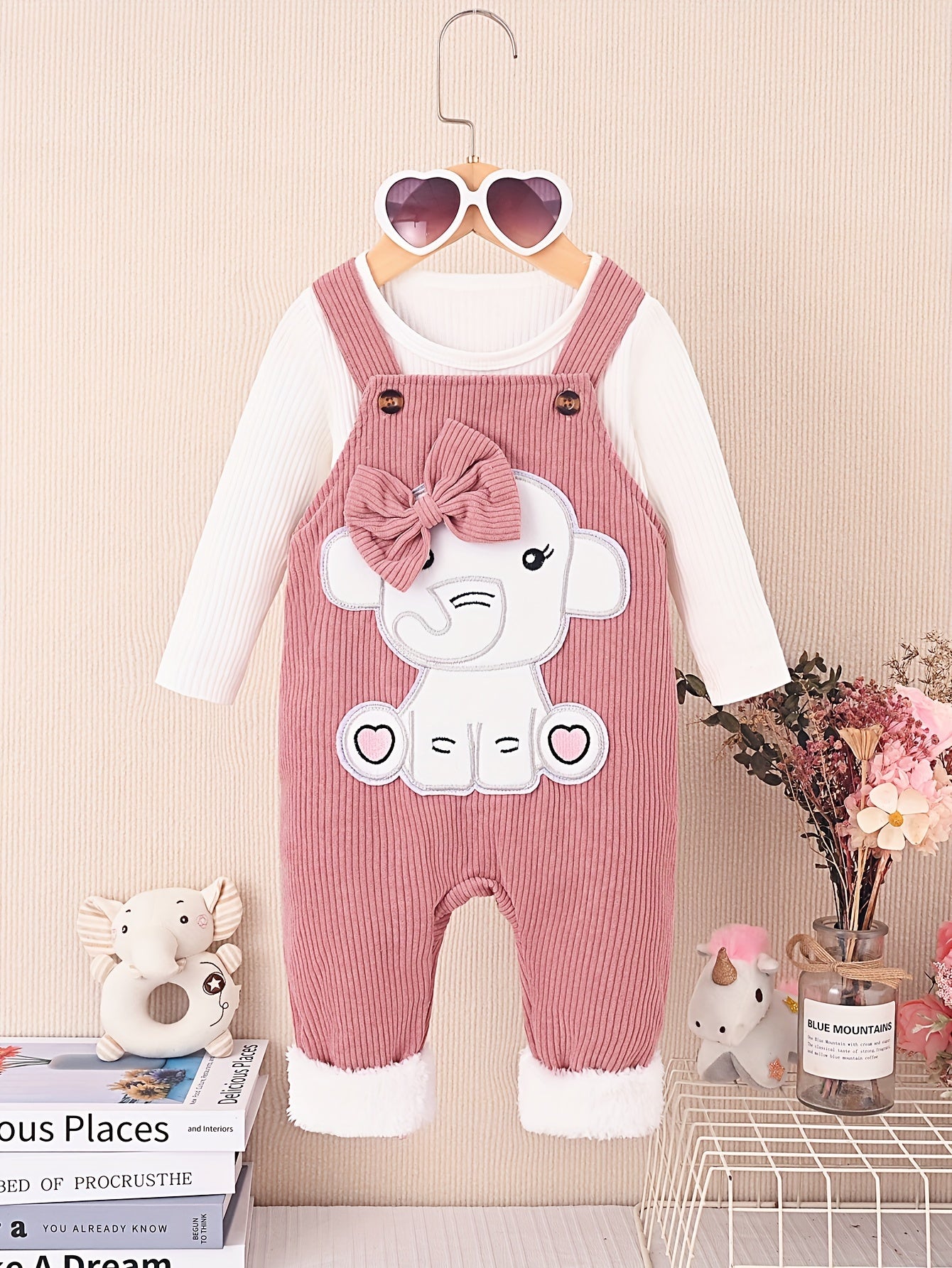 2pcs Baby's Bow Decor Elephant Embroidery Corduroy Overalls + Ribbed Long Sleeve Top, Toddler & Infant Girl's Clothing Set For Spring Fall