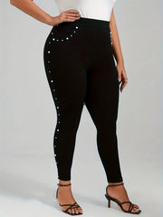 Plus Size Solid Beaded Skinny Leggings, Elegant High Waist Leggings For Spring & Summer, Women's Plus Size Clothing