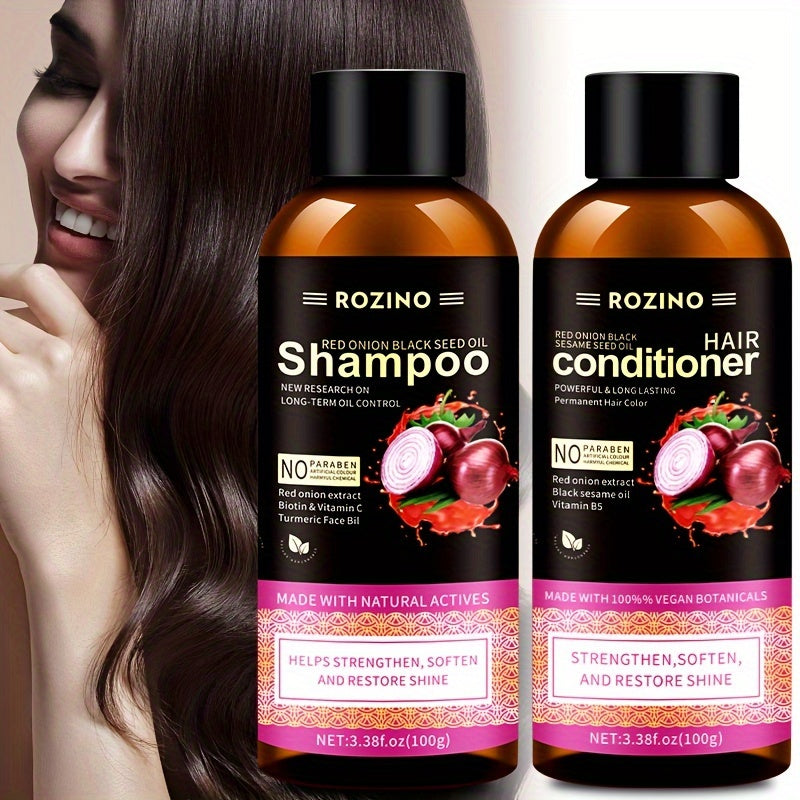 2pcs/Set Red Onion Black Seed Oil Wash And Care Set, Natural Onion Extracts For Deep Moisturizing Hair, Healthy Hair, Making Hair Natural And Smooth, travel essential