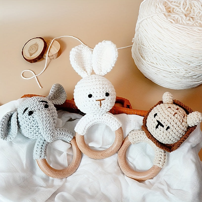 1pc Crochet Animals Rattle, Cute Rattle Built-in Bell, Shaking Bell, Rabbit Elephant Lion Rattle