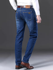 Men's Solid Denim Pants With Pockets, Formal Cotton Blend Jeans For Outdoor Activities