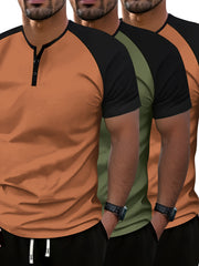 3-Piece Mens Color Block Henley T-Shirt Set - Short Sleeve, Moisture-Wicking, Ideal for Summer Running & Training - Stylish Round Neck Design for Outdoor Adventures