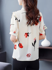 Floral Print Button Decor Shirt, Elegant Short Sleeve Collared Top For Spring & Summer, Women's Clothing