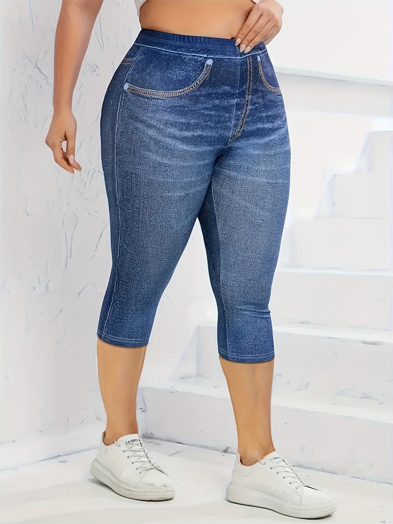 Plus Size Faux Denim Capri Leggings, Casual High Waist Stretchy Leggings For Spring & Summer, Women's Plus Size Clothing