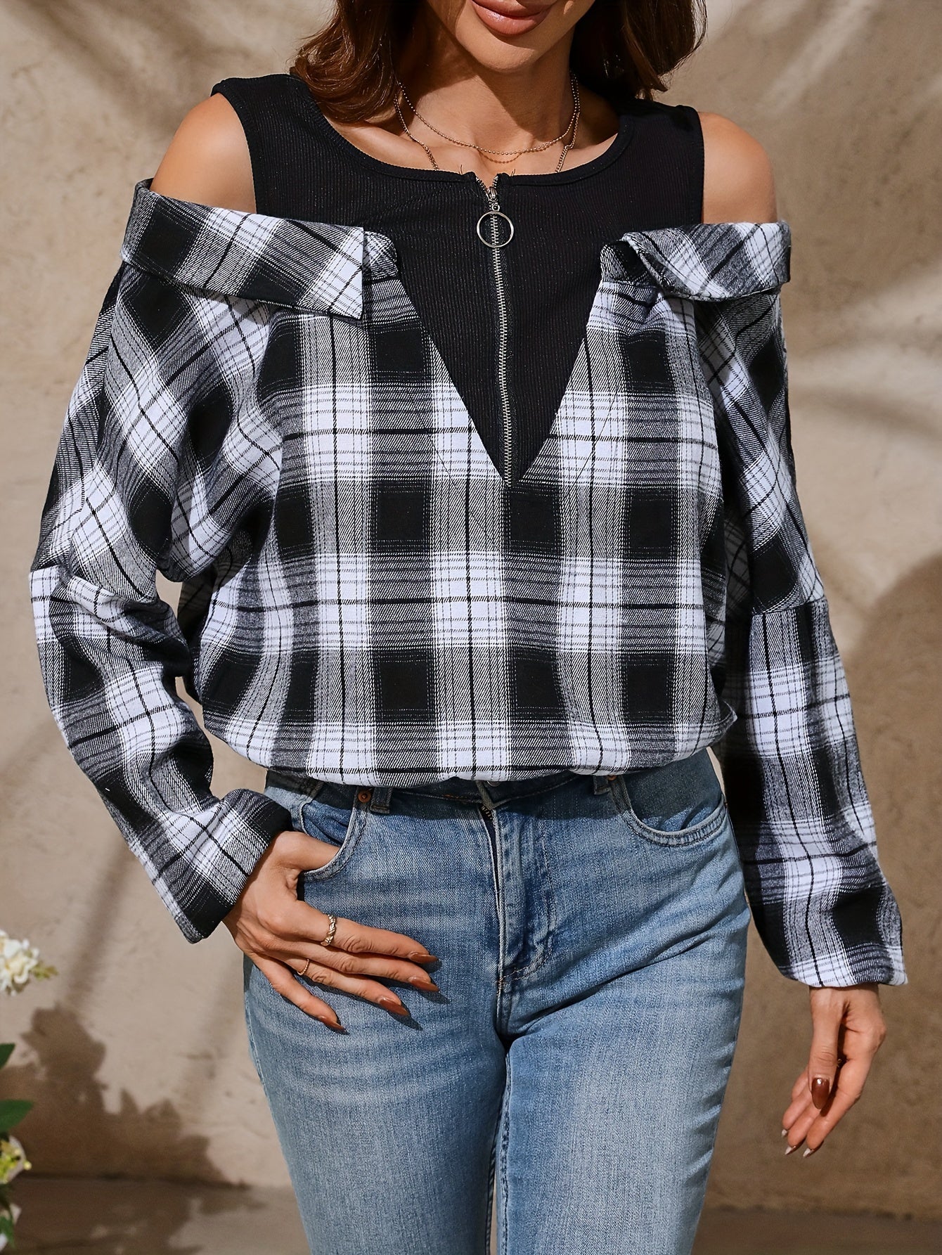 Plaid Print Cold Shoulder Blouse, Casual Long Sleeve Quarter Zip Top For Spring & Fall, Women's Clothing