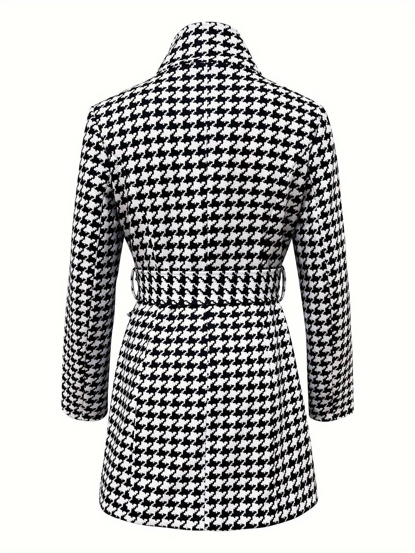 Houndstooth Pattern Double Breasted Overcoat, Elegant Strand Collar Long Sleeve Belted Outwear For Fall & Winter, Women's Clothing