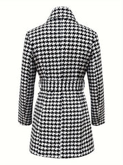 Houndstooth Pattern Double Breasted Overcoat, Elegant Strand Collar Long Sleeve Belted Outwear For Fall & Winter, Women's Clothing