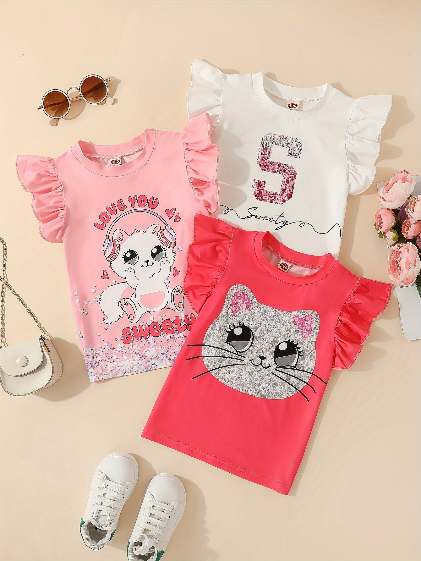 3pcs Adorable Girls Kitty Graphic Sparkling Sequin T-shirt Set with Ruffle Trim - Fashionable Summer Wear for Little Fashionistas