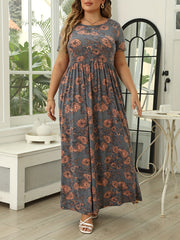 Plus Size Elegant Floral Print Fitted Maxi Dress - Crew Neck, Short Sleeves, Ruched Pockets, Medium Stretch Knit Fabric, Random Printing - Perfect for Spring and Summer