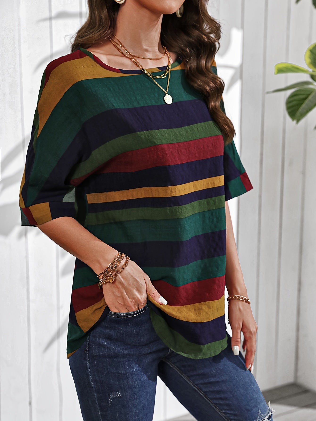 Colorblock Crew Neck Loose Blouse, Casual Half Sleeve Blouse For Spring & Summer, Women's Clothing