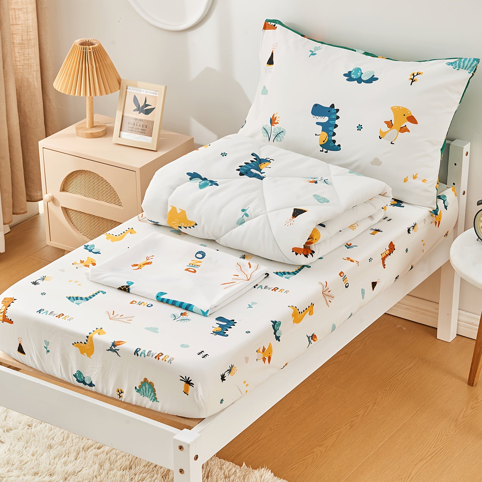 4pcs Dinosaur Bedding Set, Including 1 Comforter, 1 Fitted Sheet, 1 Flat Sheet And 1 Reversible Pillowcase, For Room Decor