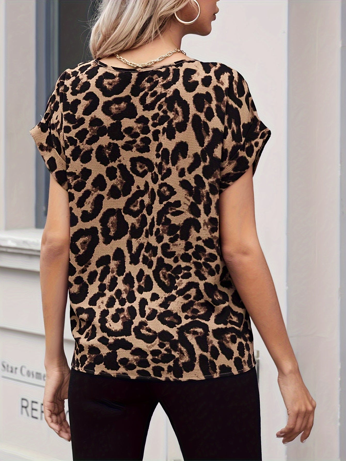 Leopard Print Crew Neck Blouse, Casual Short Sleeve Blouse For Spring & Summer, Women's Clothing