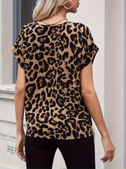 Leopard Print Crew Neck Blouse, Casual Short Sleeve Blouse For Spring & Summer, Women's Clothing