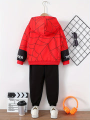 2pcs Boy's Spider And Web Print Hooded Outfit, Hoodie & Pants Set, Kid's Clothes For Spring Fall Winter, As Gift