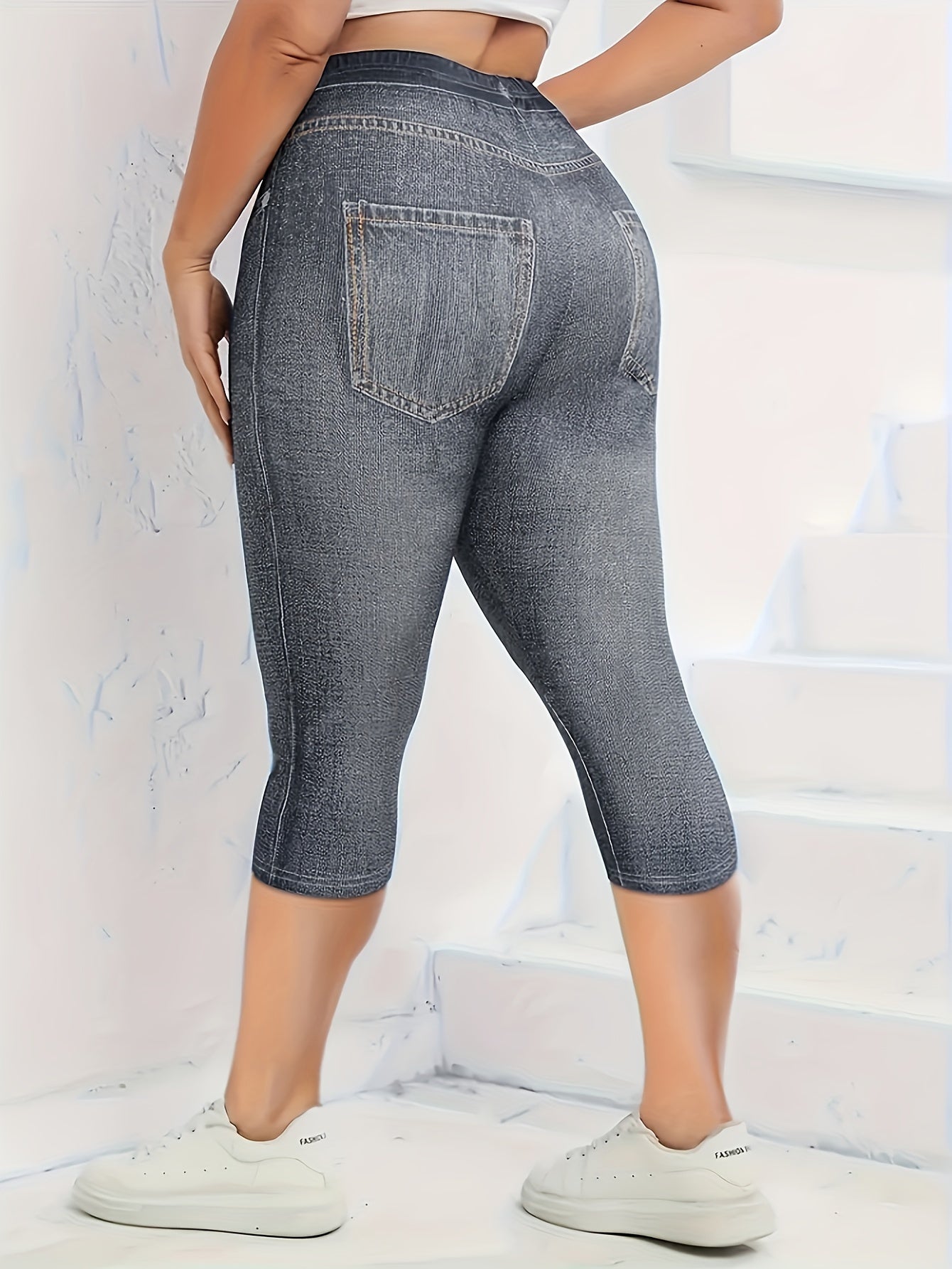 Plus Size Faux Denim Capri Leggings, Casual High Waist Stretchy Leggings For Spring & Summer, Women's Plus Size Clothing