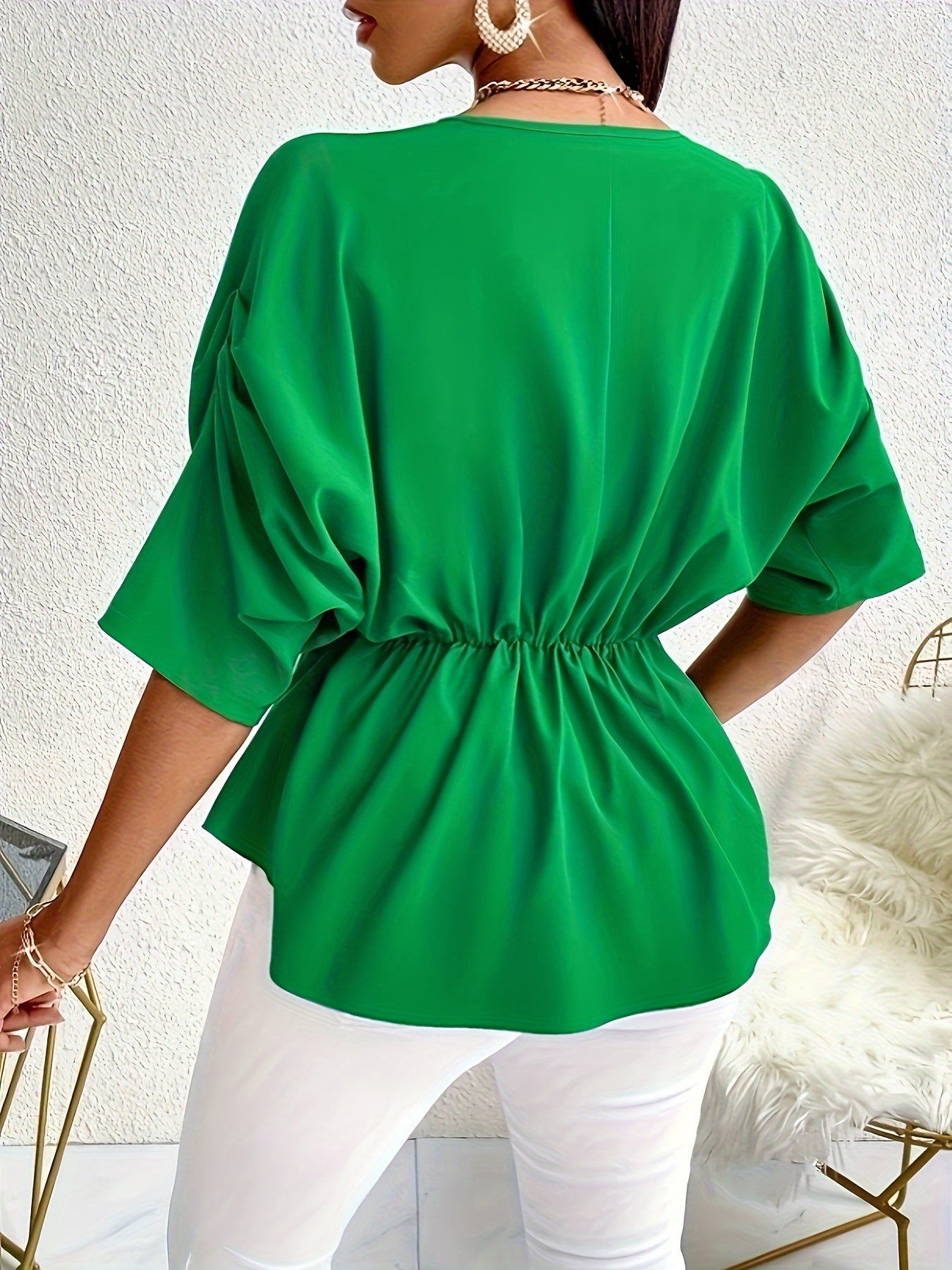 V Neck Cinched Waist Blouse, Elegant Short Batwing Sleeve Flare Tuck Top For Spring & Summer, Women's Clothing