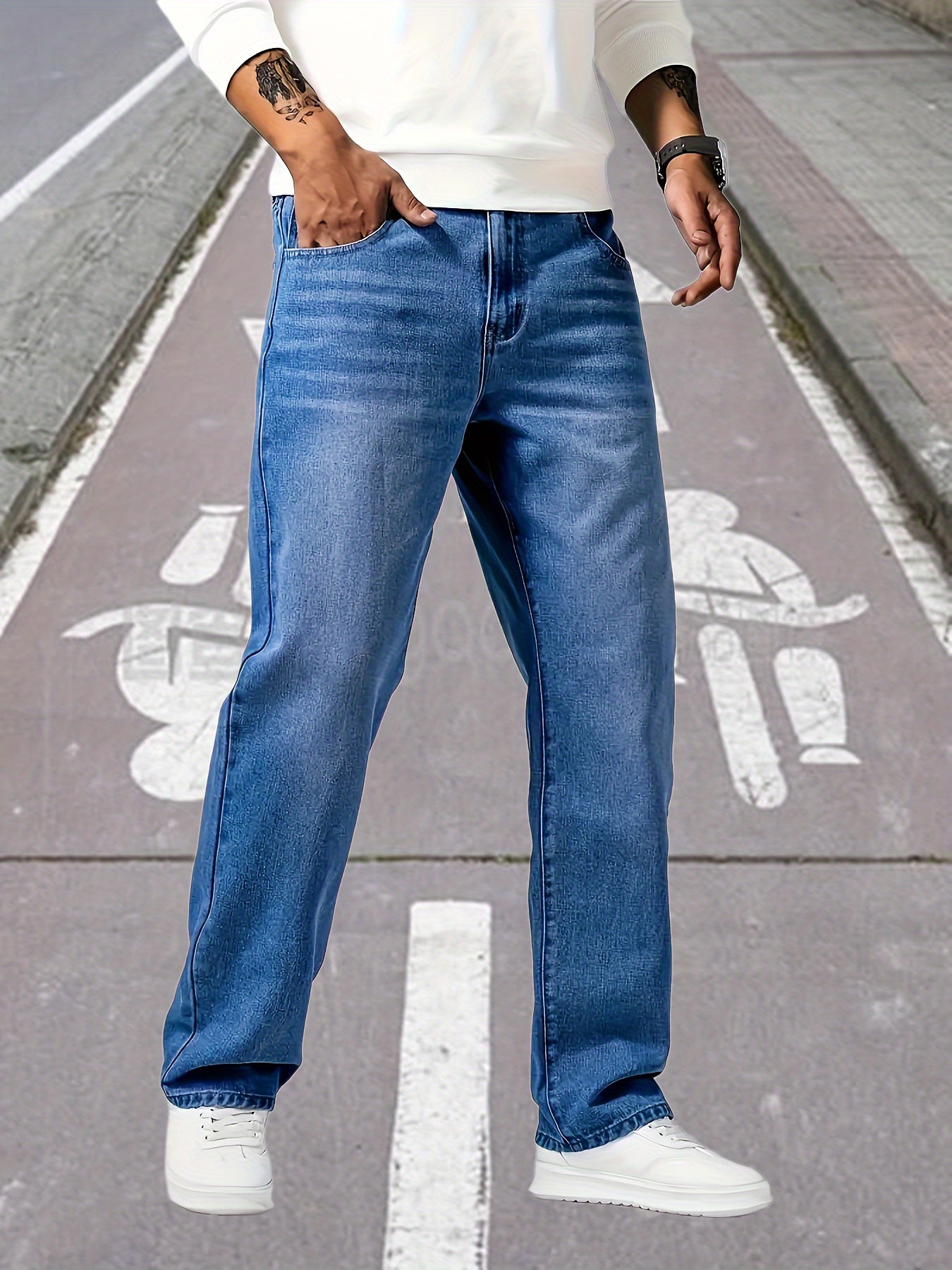 Men's Loose Fit Straight Leg Jeans, Men's Classic Design Jeans, Versatile For Four Seasons