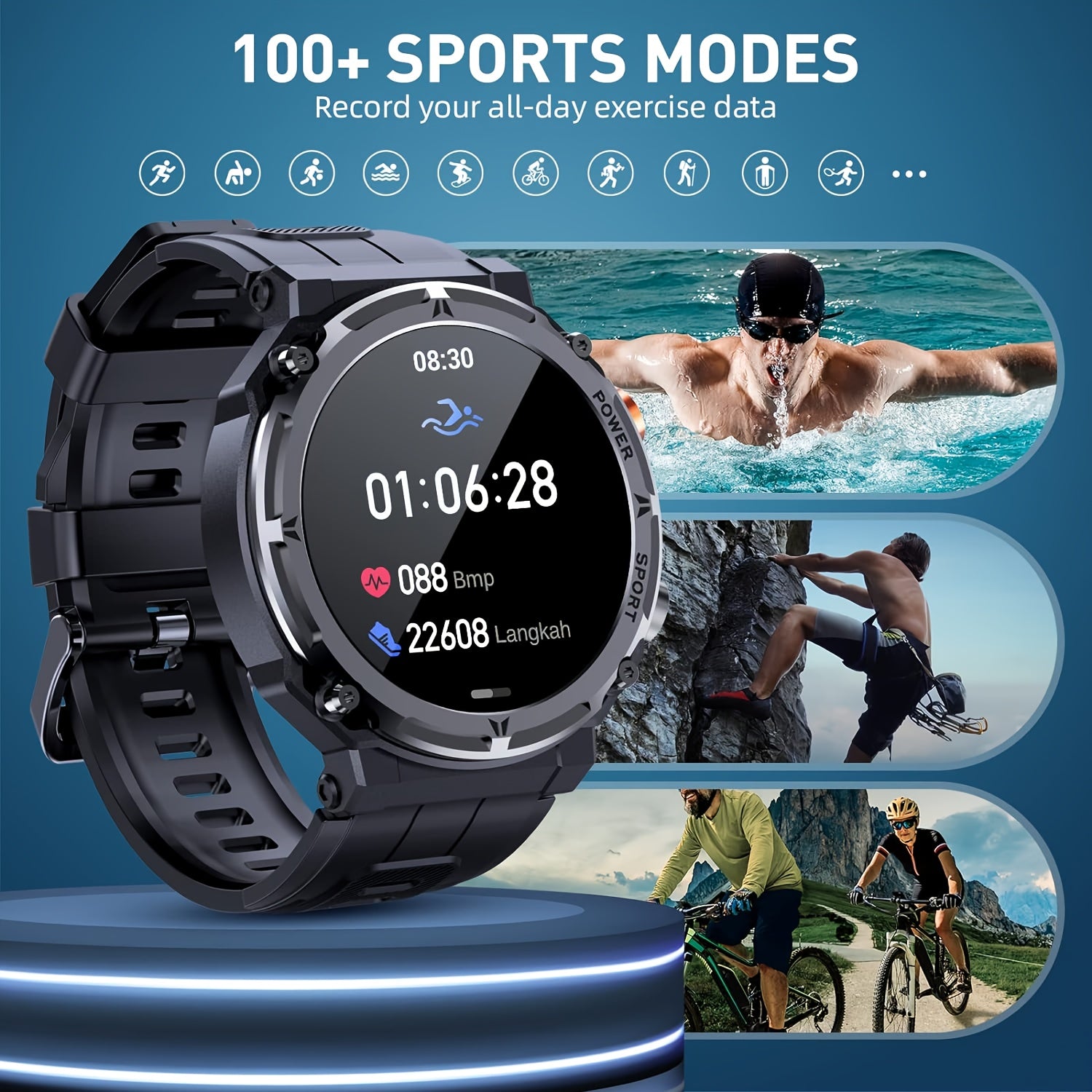 Outdoor Smart Watch(Answer/Dial Calls), Waterproof Sport Smartwatch For IPhone And Android Phones, Fitness Tracker Watch With Multi-Sport Modes/Music-Control/Alarm Clock/Long Battery Life/Good Gifts For Men