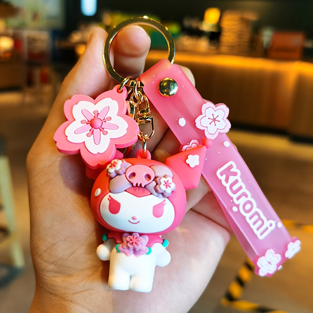 Sanrio Hello Kitty Sakura Pink Doll Keychain With Floral Charm, Cute Cartoon Durable Pendant For Men